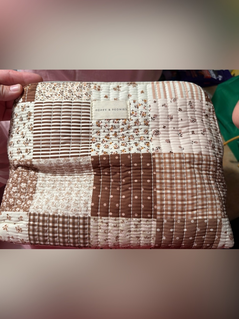 Poppy & Peonies sitting pretty cosmetic Brown and Cream Quilted Patchwork Pouch